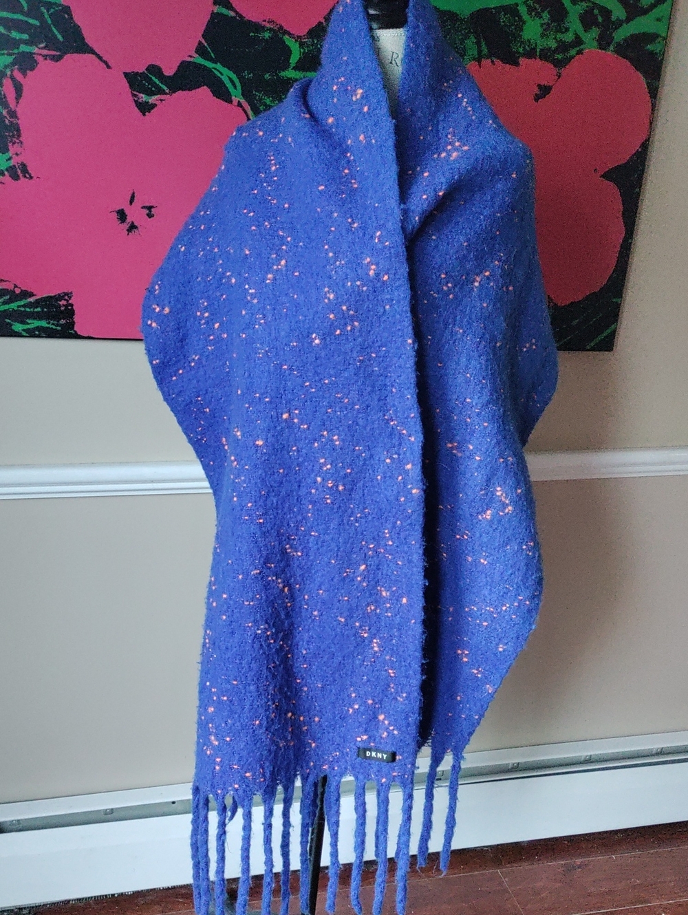 Women's DKNY Blue and Pink Speckled Fringed Wrap Scarf